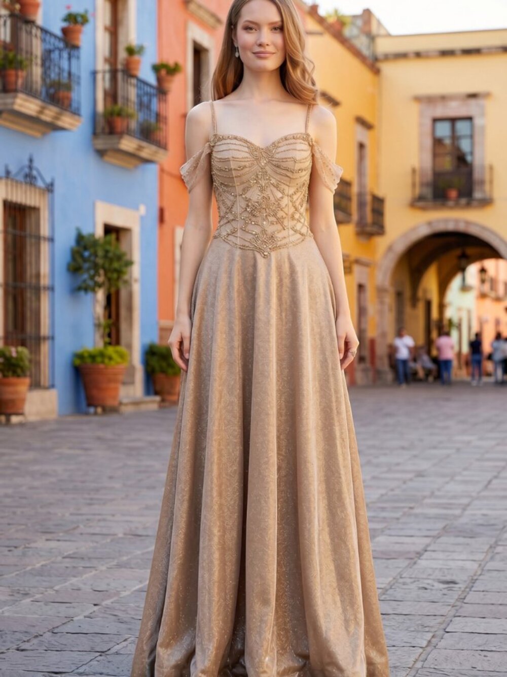 NEW CHAMPAGNE Sequin & Glitter Sweetheart Evening Gown Floor Length 8581J